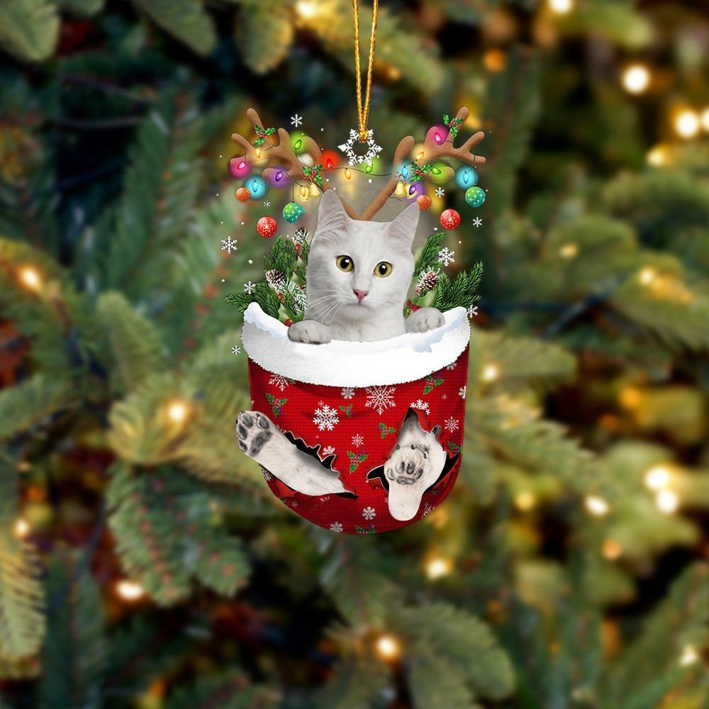 Funny White Cat In Snow Pocket Christmas Ornament Flat Acrylic Cat Ornament