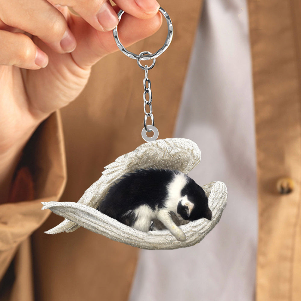 Black and white Cat Sleeping Angel Acrylic Keychain