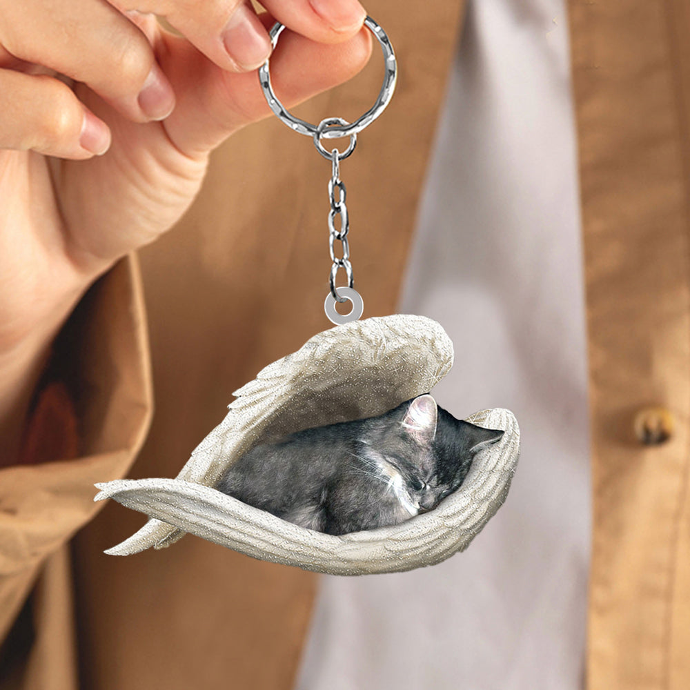 Gray Cat Sleeping Angel Acrylic Keychain