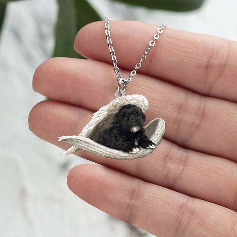 Black Shih Tzu Sleeping Angel Stainless Steel Necklace !